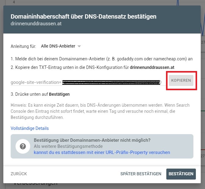 2_TXT Eintrag kopieren Google Search Console Webseite einreichen mit DNS